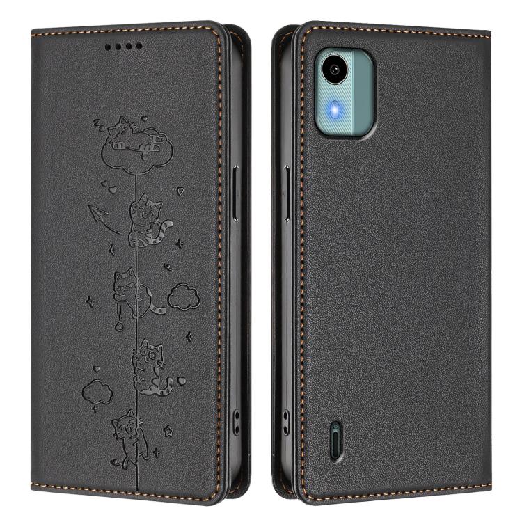 For Nokia C12 Cute Cats Embossed Magnetic RFID Vegan Leather Phone Case