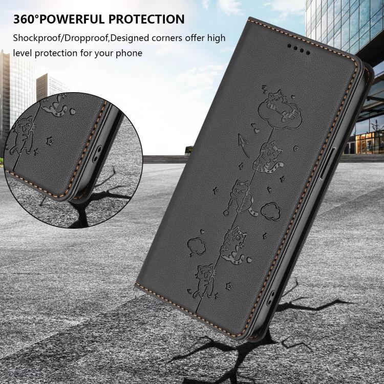 For Nokia C12 Cute Cats Embossed Magnetic RFID Vegan Leather Phone Case