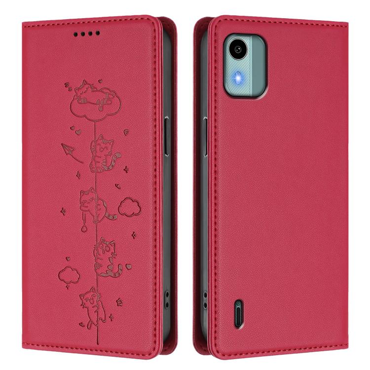 For Nokia C12 Cute Cats Embossed Magnetic RFID Vegan Leather Phone Case