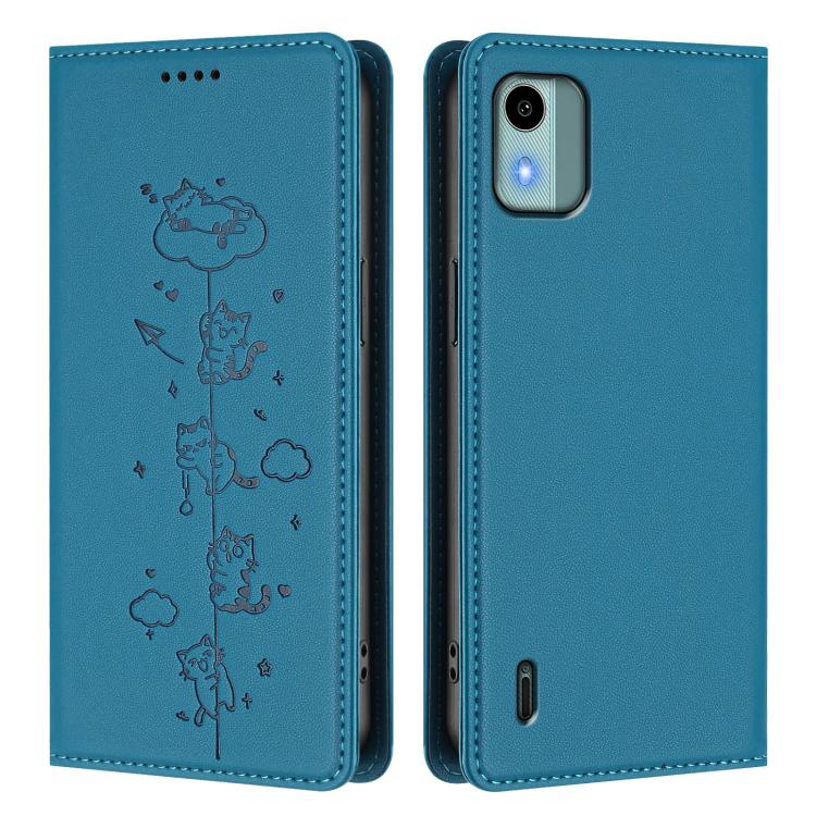 For Nokia C12 Cute Cats Embossed Magnetic RFID Vegan Leather Phone Case