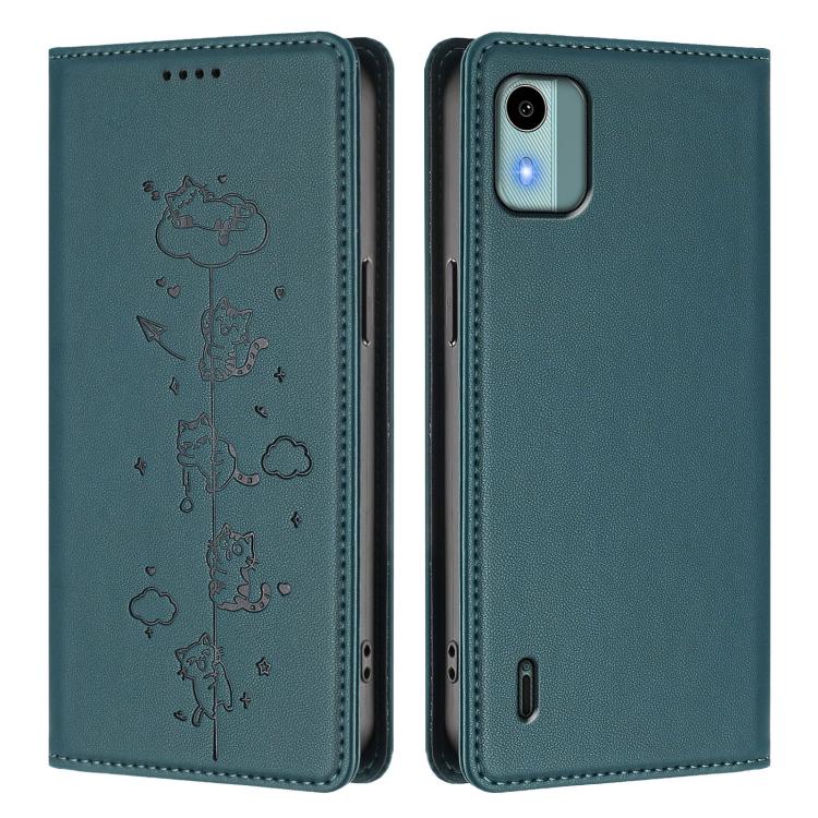 For Nokia C12 Cute Cats Embossed Magnetic RFID Vegan Leather Phone Case