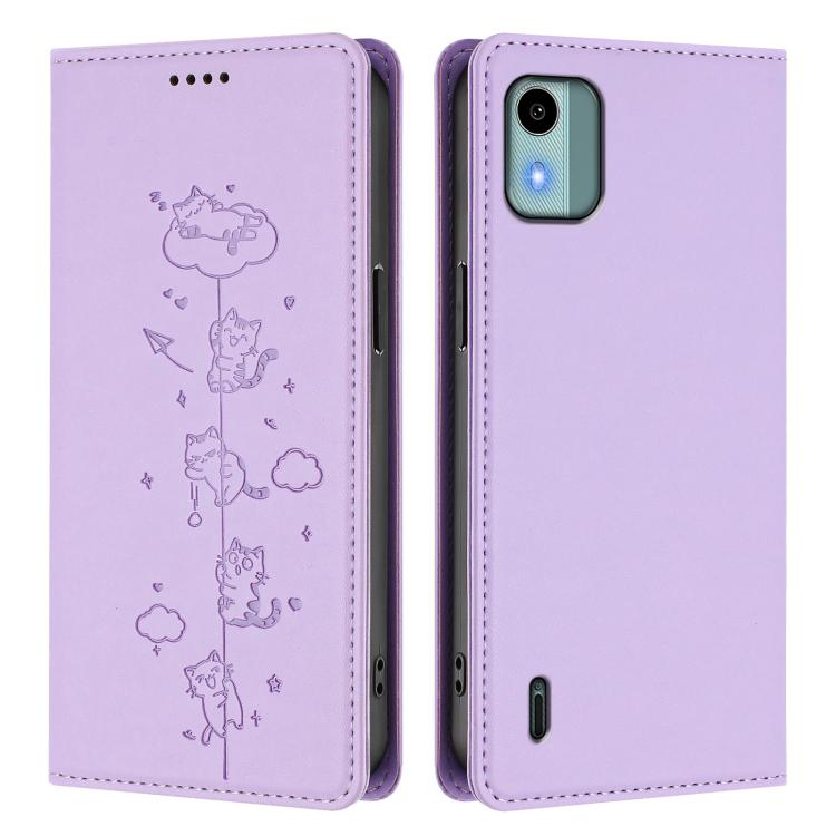 For Nokia C12 Cute Cats Embossed Magnetic RFID Vegan Leather Phone Case