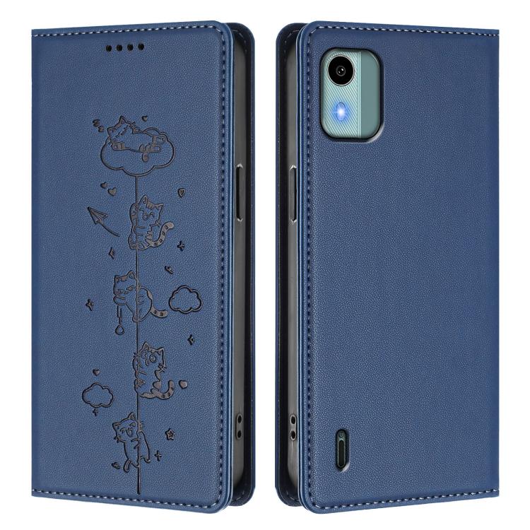 For Nokia C12 Cute Cats Embossed Magnetic RFID Vegan Leather Phone Case
