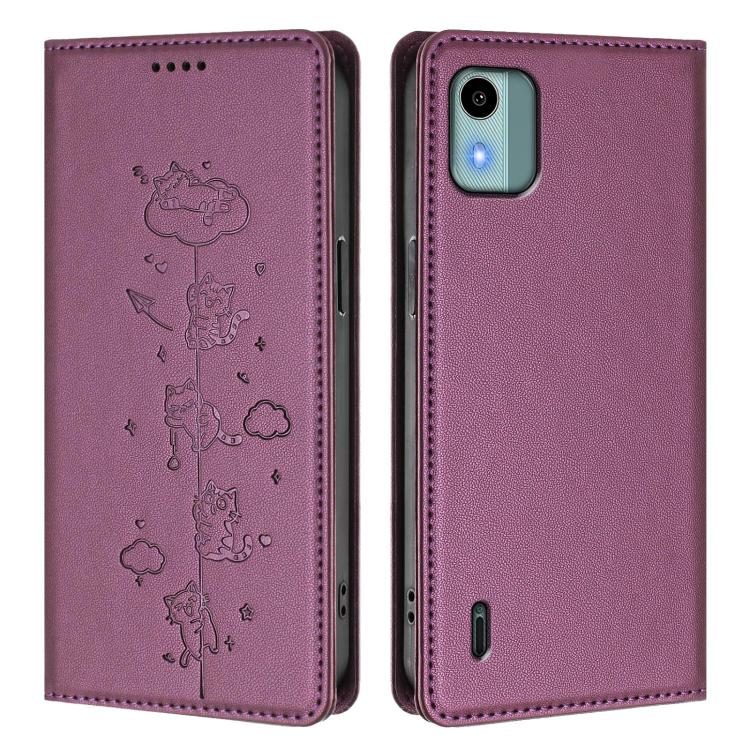 For Nokia C12 Cute Cats Embossed Magnetic RFID Vegan Leather Phone Case