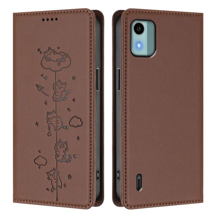 For Nokia C12 Cute Cats Embossed Magnetic RFID Vegan Leather Phone Case