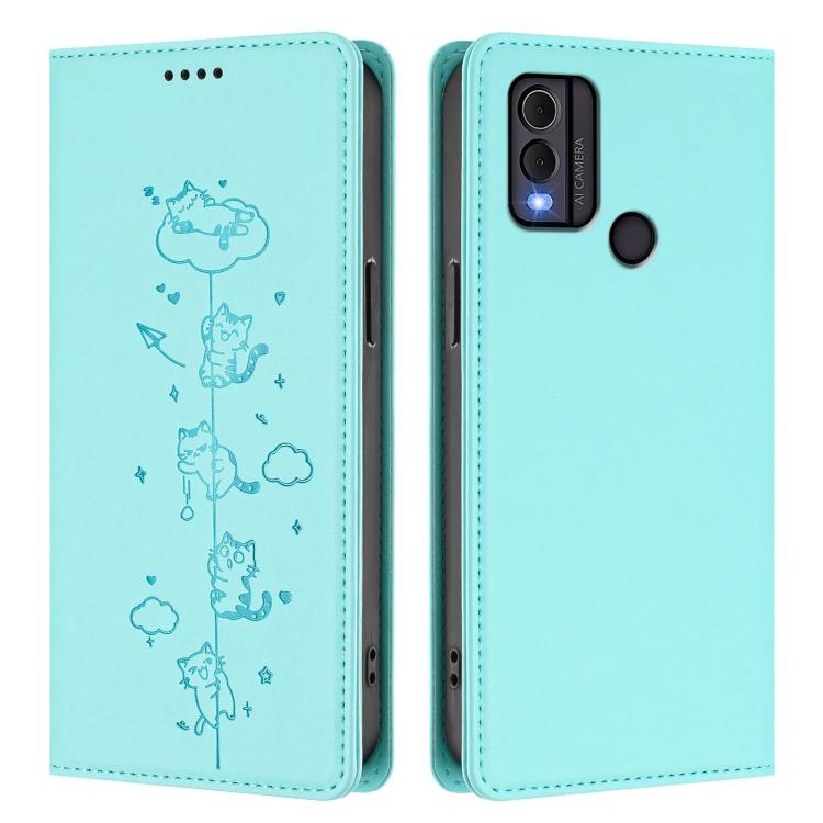 For Nokia C22 Cute Cats Embossed Magnetic RFID Vegan Leather Phone Case