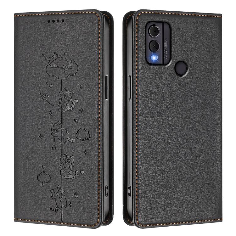 For Nokia C22 Cute Cats Embossed Magnetic RFID Vegan Leather Phone Case