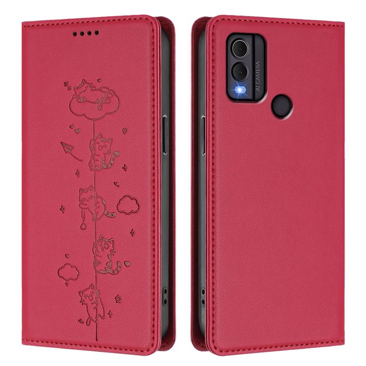 For Nokia C22 Cute Cats Embossed Magnetic RFID Vegan Leather Phone Case