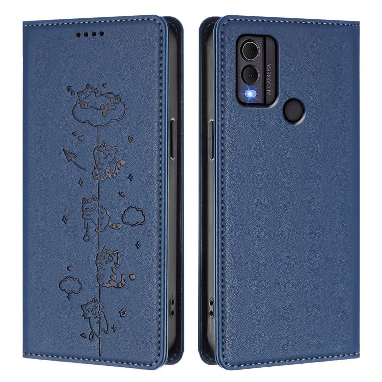For Nokia C22 Cute Cats Embossed Magnetic RFID Vegan Leather Phone Case