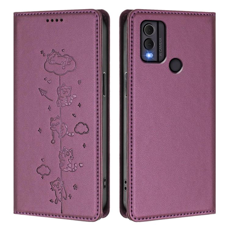 For Nokia C22 Cute Cats Embossed Magnetic RFID Vegan Leather Phone Case
