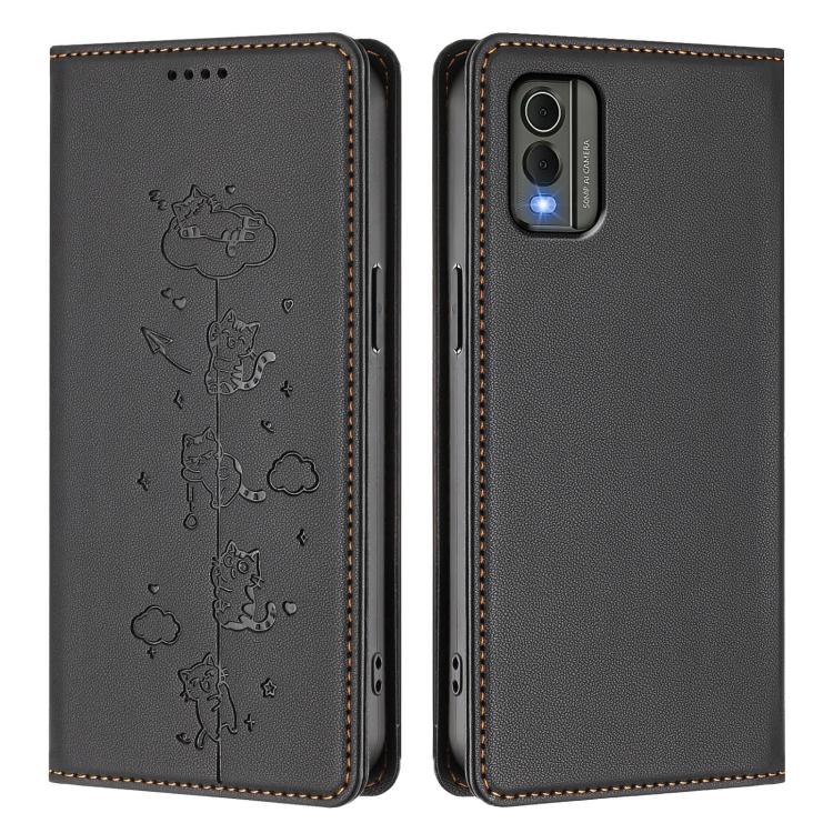 For Nokia C32 Cute Cats Embossed Magnetic RFID Vegan Leather Phone Case