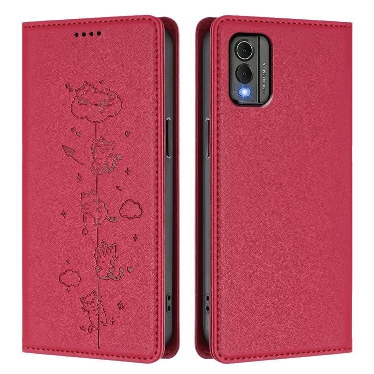 For Nokia C32 Cute Cats Embossed Magnetic RFID Vegan Leather Phone Case