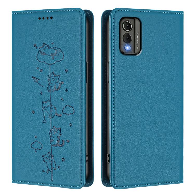 For Nokia C32 Cute Cats Embossed Magnetic RFID Vegan Leather Phone Case