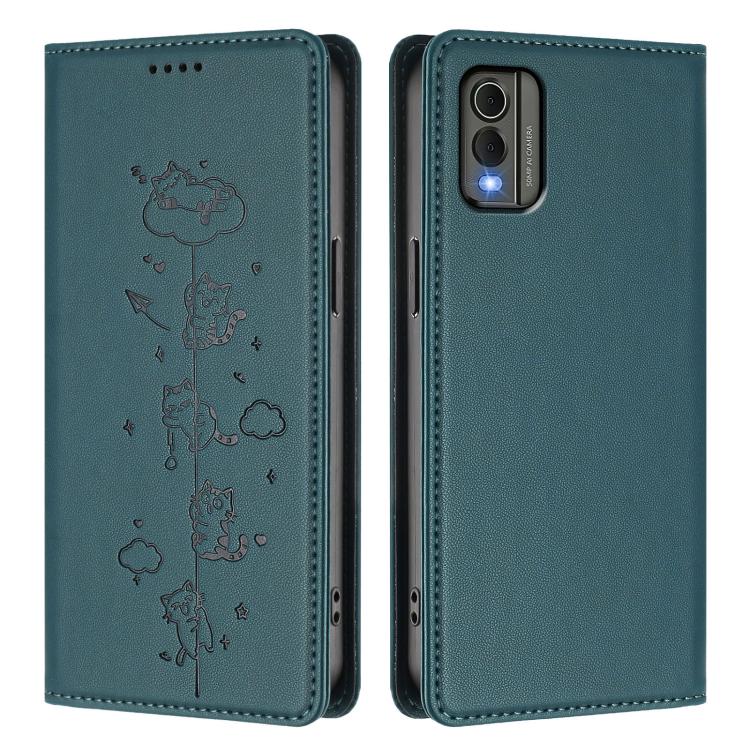 For Nokia C32 Cute Cats Embossed Magnetic RFID Vegan Leather Phone Case
