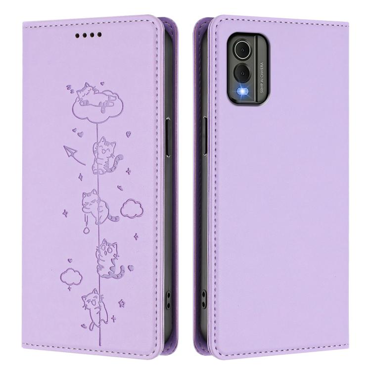 For Nokia C32 Cute Cats Embossed Magnetic RFID Vegan Leather Phone Case