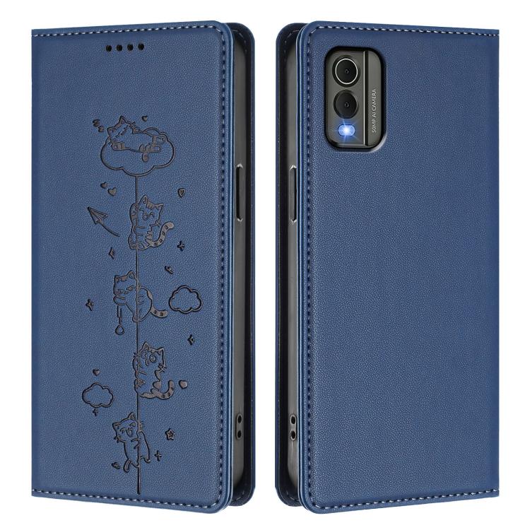 For Nokia C32 Cute Cats Embossed Magnetic RFID Vegan Leather Phone Case