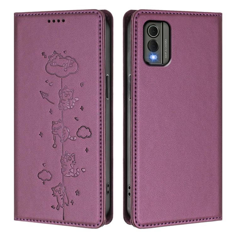 For Nokia C32 Cute Cats Embossed Magnetic RFID Vegan Leather Phone Case