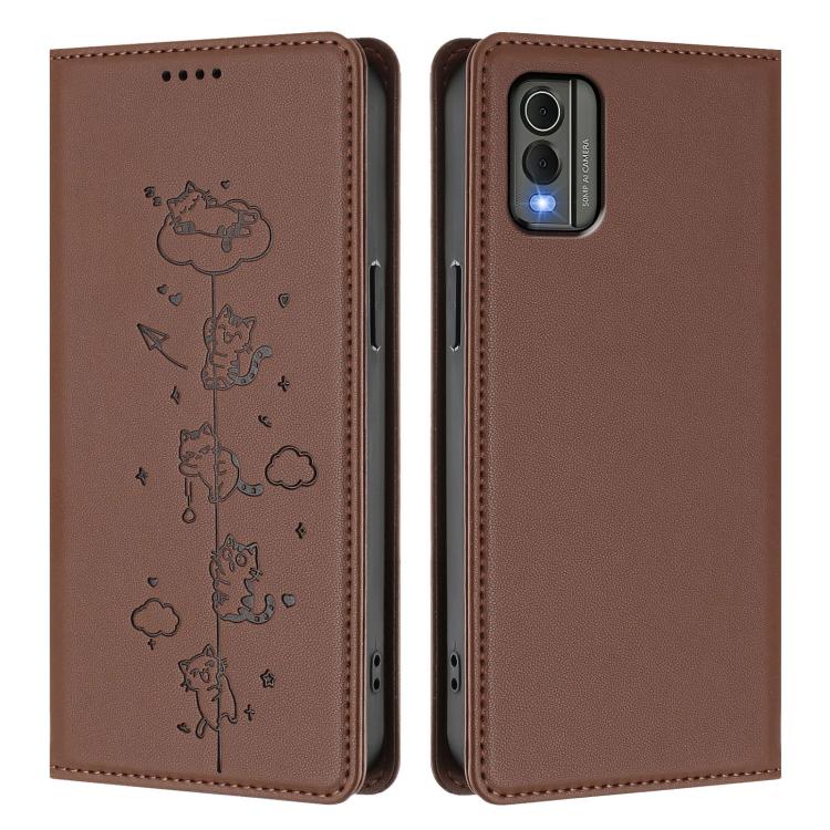 For Nokia C32 Cute Cats Embossed Magnetic RFID Vegan Leather Phone Case