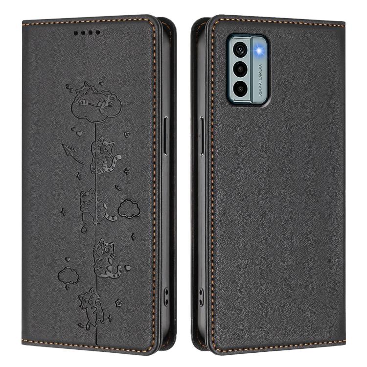 For Nokia G22 Cute Cats Embossed Magnetic RFID Vegan Leather Phone Case