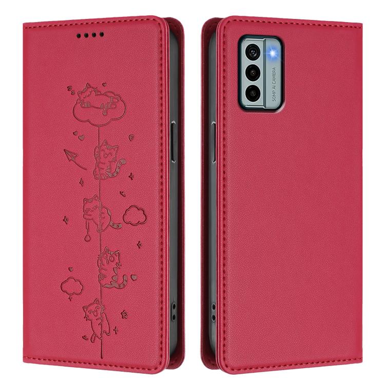 For Nokia G22 Cute Cats Embossed Magnetic RFID Vegan Leather Phone Case