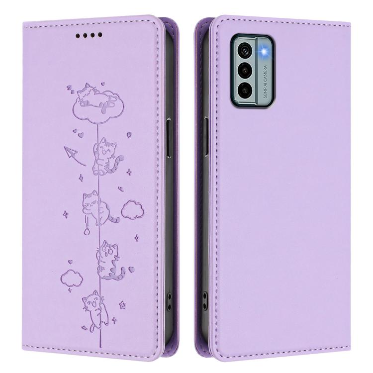 For Nokia G22 Cute Cats Embossed Magnetic RFID Vegan Leather Phone Case