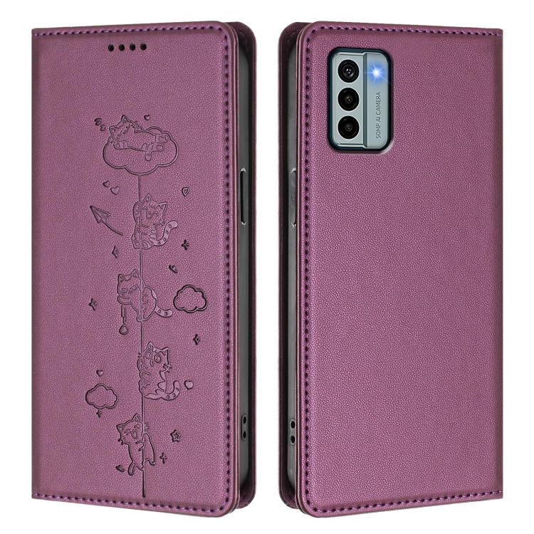 For Nokia G22 Cute Cats Embossed Magnetic RFID Vegan Leather Phone Case