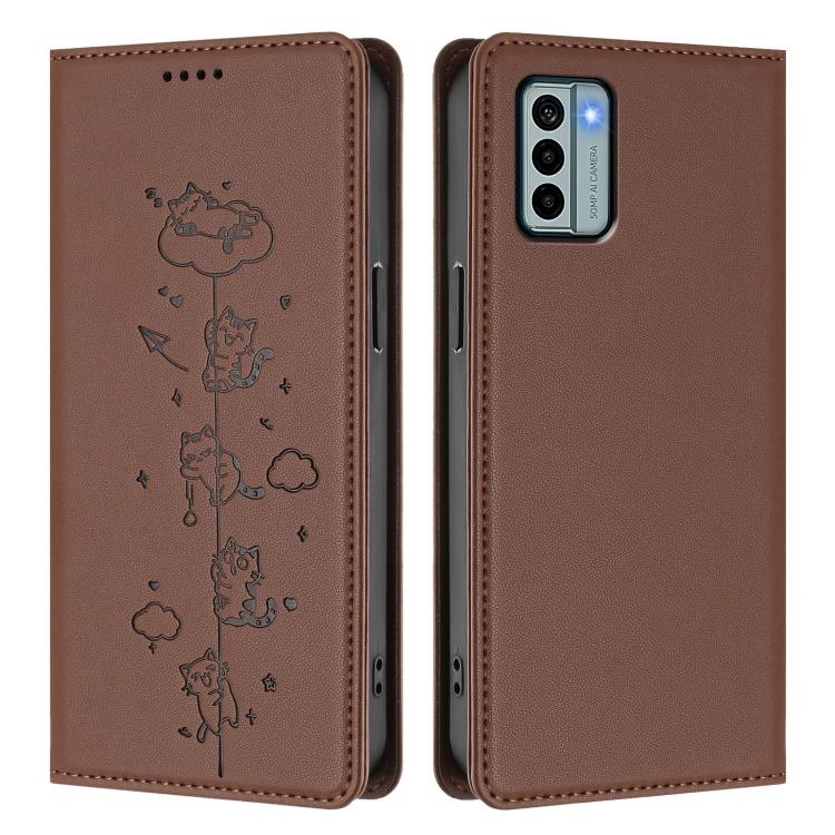 For Nokia G22 Cute Cats Embossed Magnetic RFID Vegan Leather Phone Case
