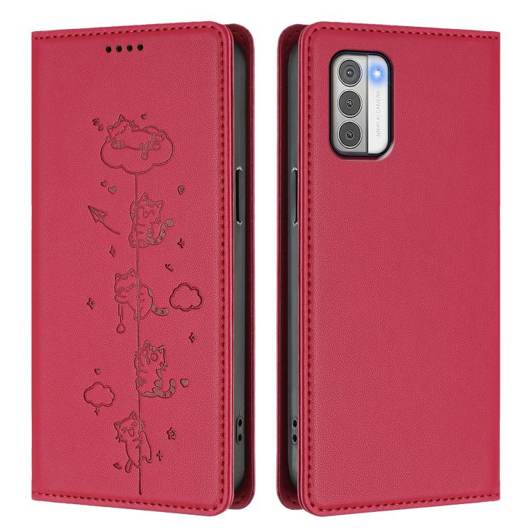 For Nokia G42 / G310 Cute Cats Embossed Magnetic RFID Vegan Leather Phone Case