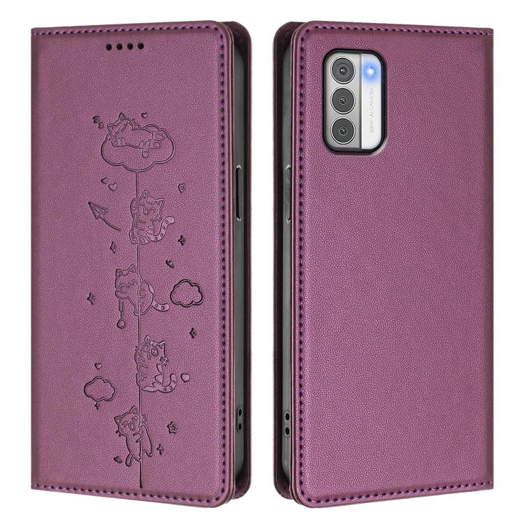 For Nokia G42 / G310 Cute Cats Embossed Magnetic RFID Vegan Leather Phone Case