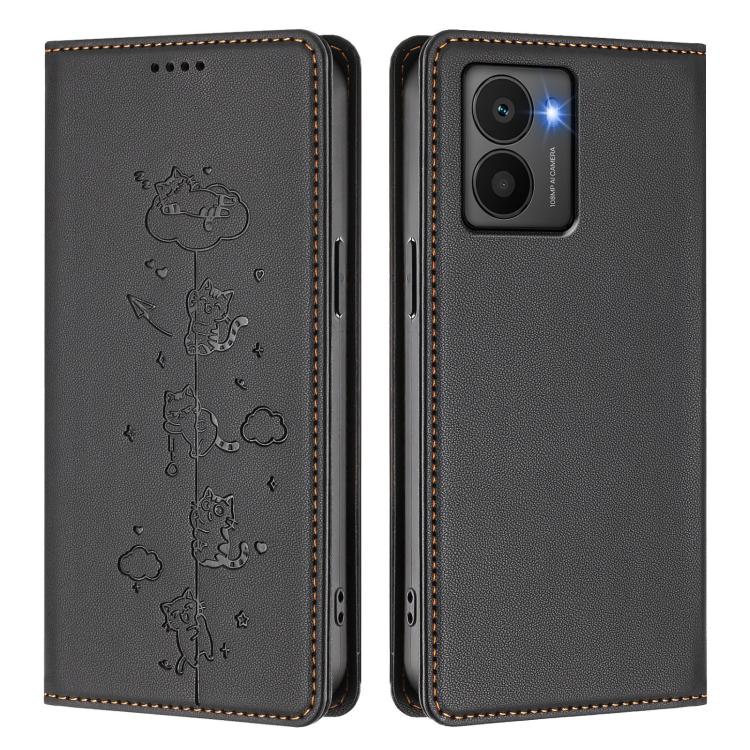 For HMD Fuison Cute Cats Embossed Magnetic RFID Vegan Leather Phone Case