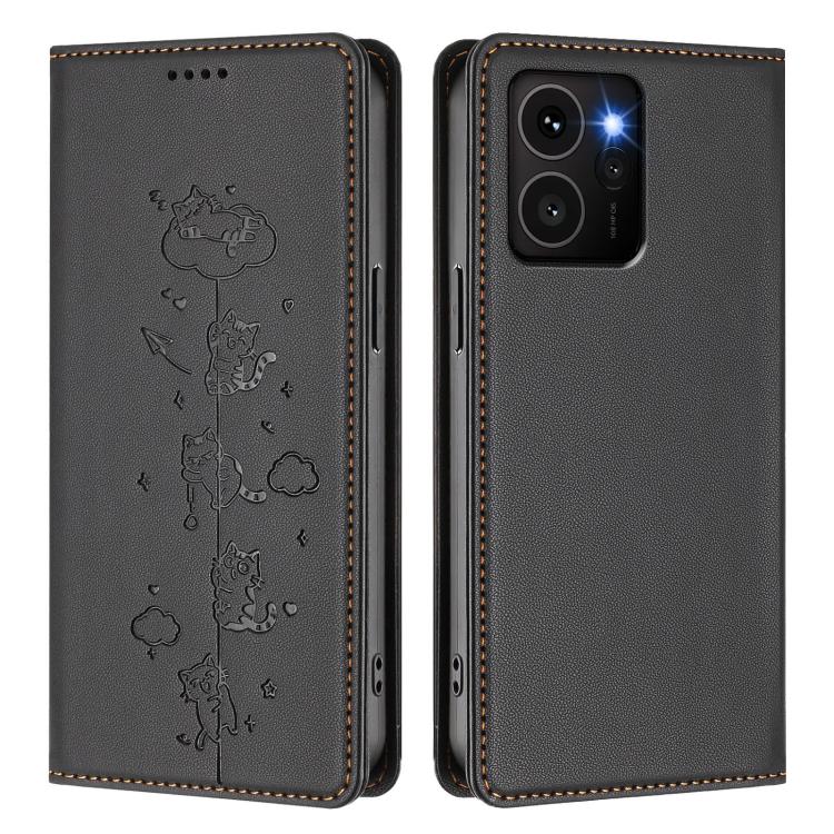 For HMD Skyline Cute Cats Embossed Magnetic RFID Vegan Leather Phone Case