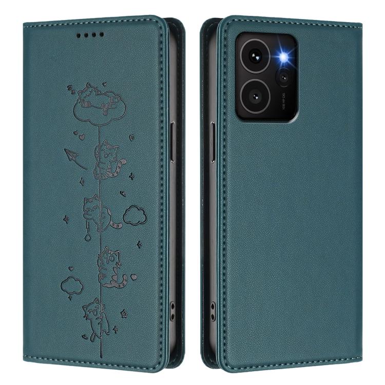 For HMD Skyline Cute Cats Embossed Magnetic RFID Vegan Leather Phone Case