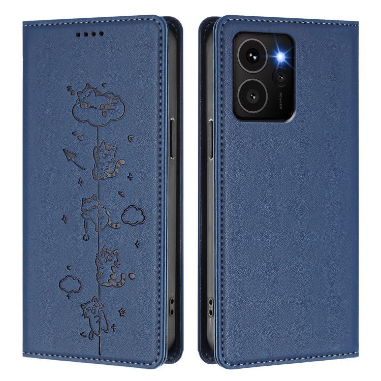 For HMD Skyline Cute Cats Embossed Magnetic RFID Vegan Leather Phone Case
