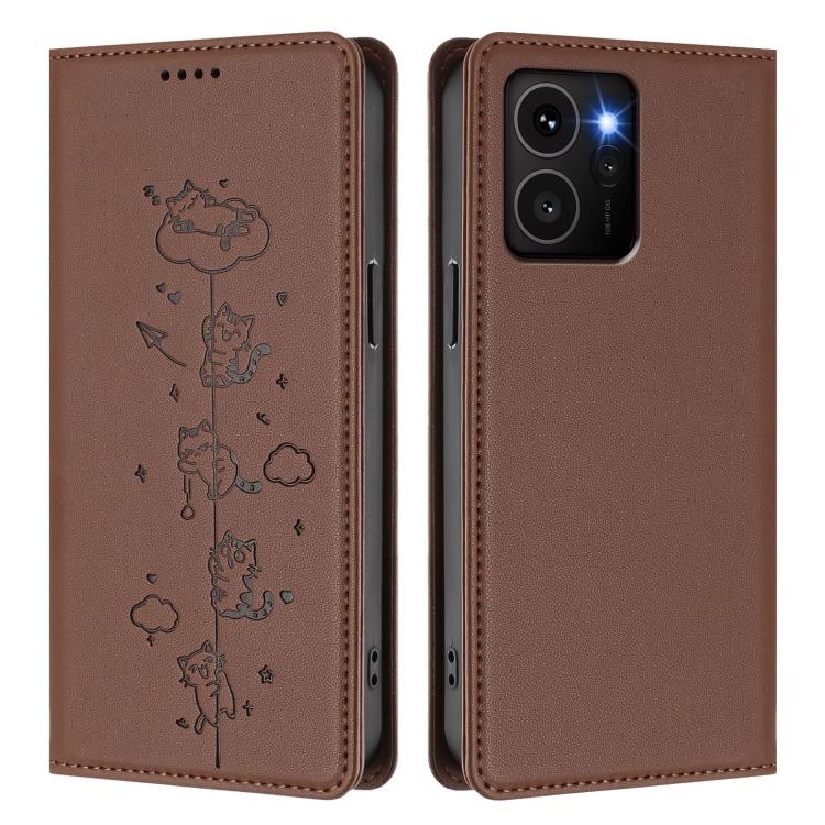For HMD Skyline Cute Cats Embossed Magnetic RFID Vegan Leather Phone Case
