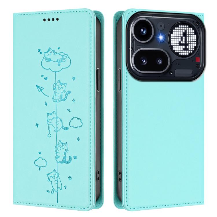 For Nothing Phone 4a Pro Cute Cats Embossed Magnetic RFID Vegan Leather Phone Case