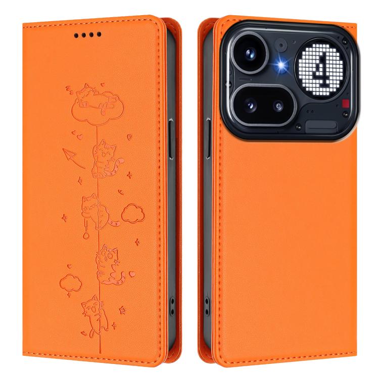 For Nothing Phone 4a Pro Cute Cats Embossed Magnetic RFID Vegan Leather Phone Case