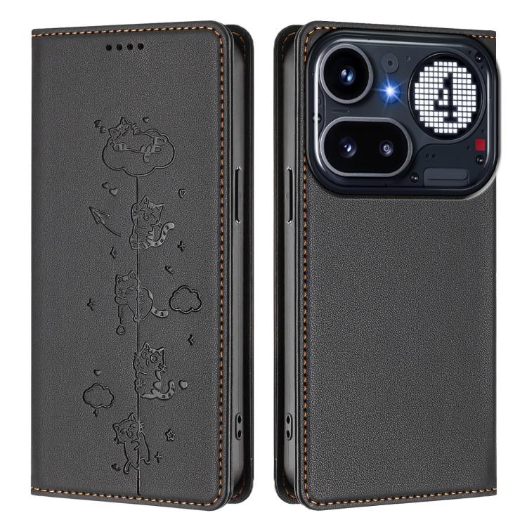 For Nothing Phone 4a Pro Cute Cats Embossed Magnetic RFID Vegan Leather Phone Case