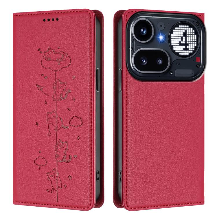 For Nothing Phone 4a Pro Cute Cats Embossed Magnetic RFID Vegan Leather Phone Case