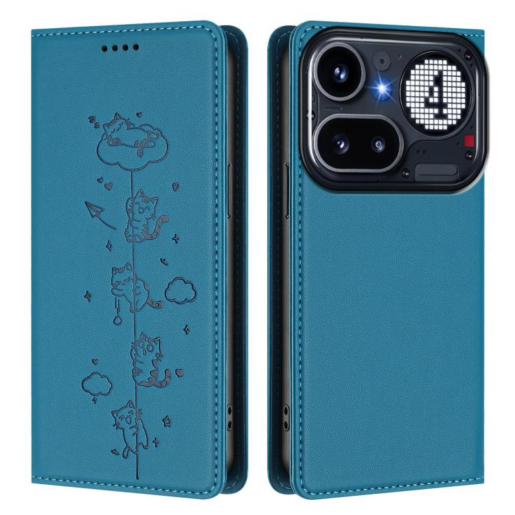 For Nothing Phone 4a Pro Cute Cats Embossed Magnetic RFID Vegan Leather Phone Case