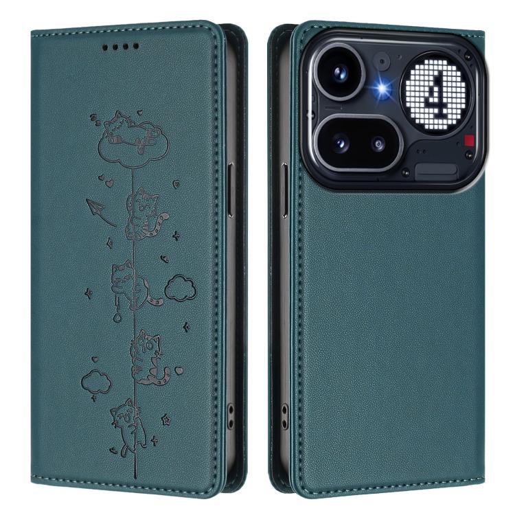For Nothing Phone 4a Pro Cute Cats Embossed Magnetic RFID Vegan Leather Phone Case