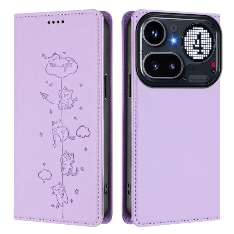 For Nothing Phone 4a Pro Cute Cats Embossed Magnetic RFID Vegan Leather Phone Case
