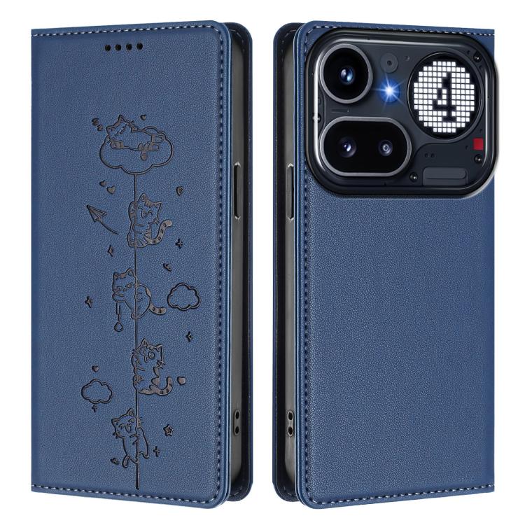 For Nothing Phone 4a Pro Cute Cats Embossed Magnetic RFID Vegan Leather Phone Case