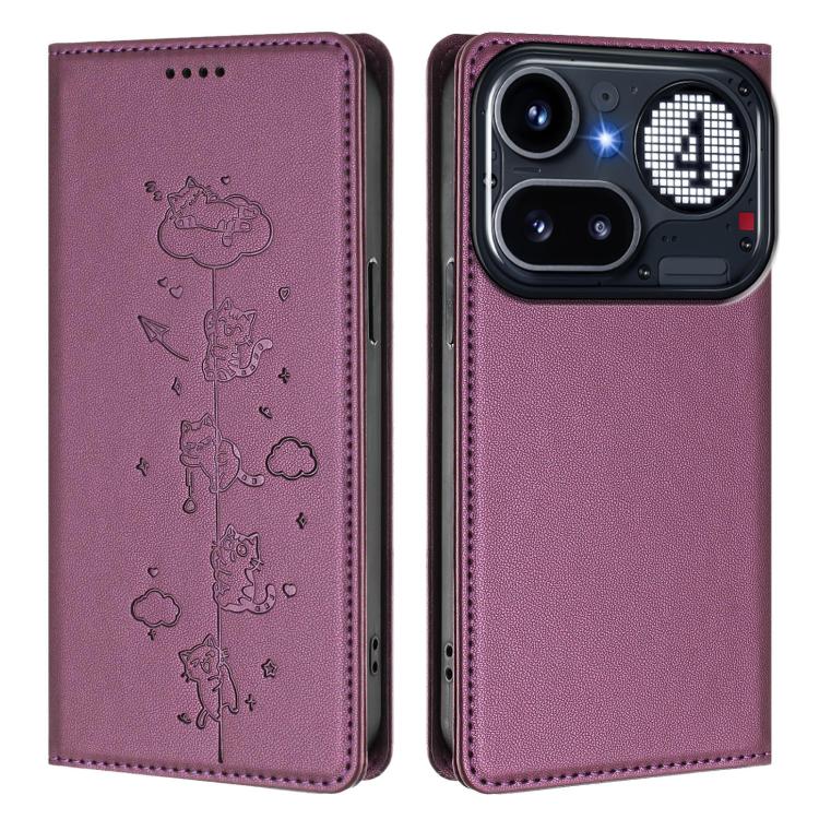 For Nothing Phone 4a Pro Cute Cats Embossed Magnetic RFID Vegan Leather Phone Case