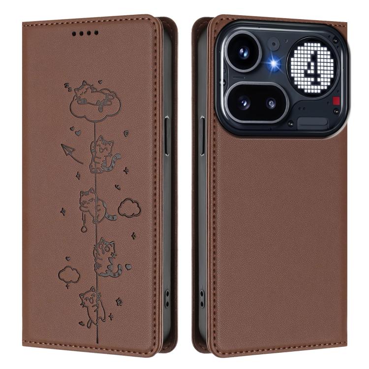 For Nothing Phone 4a Pro Cute Cats Embossed Magnetic RFID Vegan Leather Phone Case