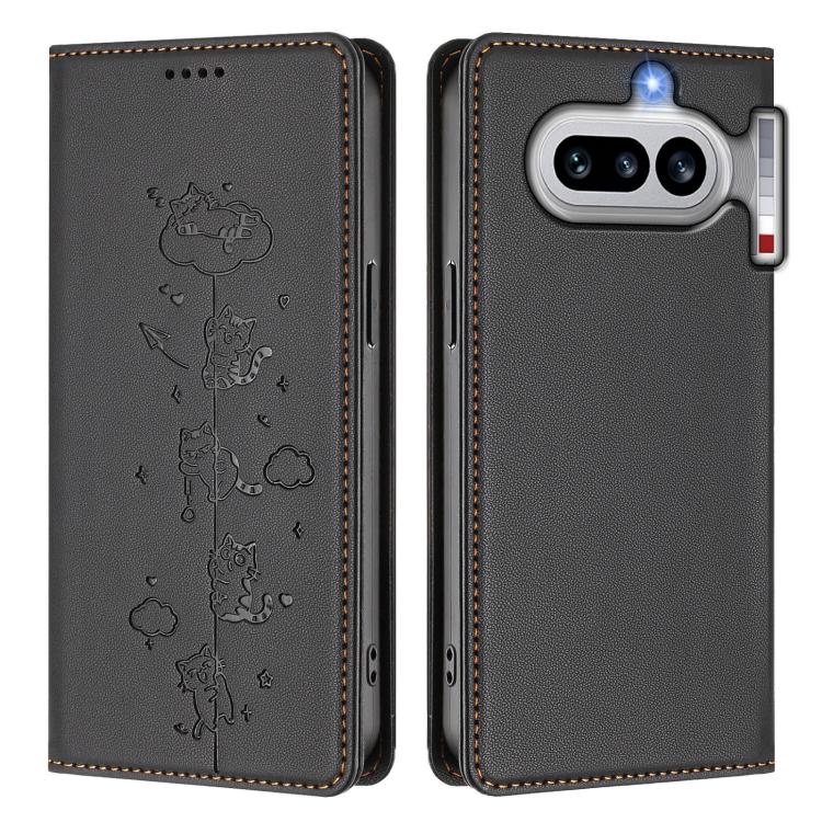 For Nothing Phone 4a Cute Cats Embossed Magnetic RFID Vegan Leather Phone Case