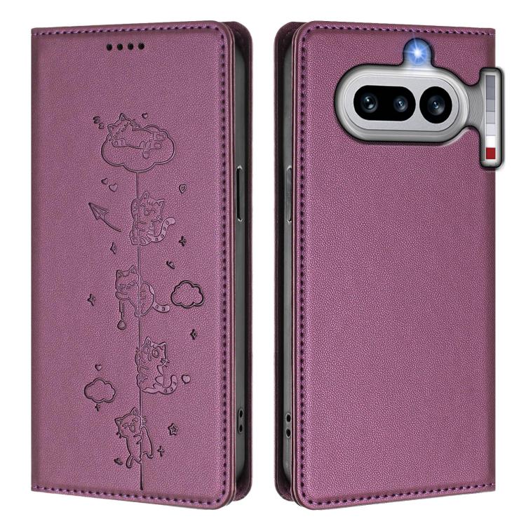 For Nothing Phone 4a Cute Cats Embossed Magnetic RFID Vegan Leather Phone Case
