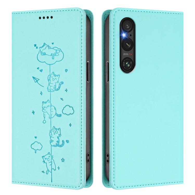For Sony Xperia 1 V Cute Cats Embossed Magnetic RFID Vegan Leather Phone Case