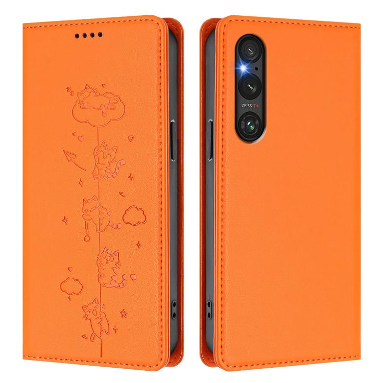 For Sony Xperia 1 V Cute Cats Embossed Magnetic RFID Vegan Leather Phone Case