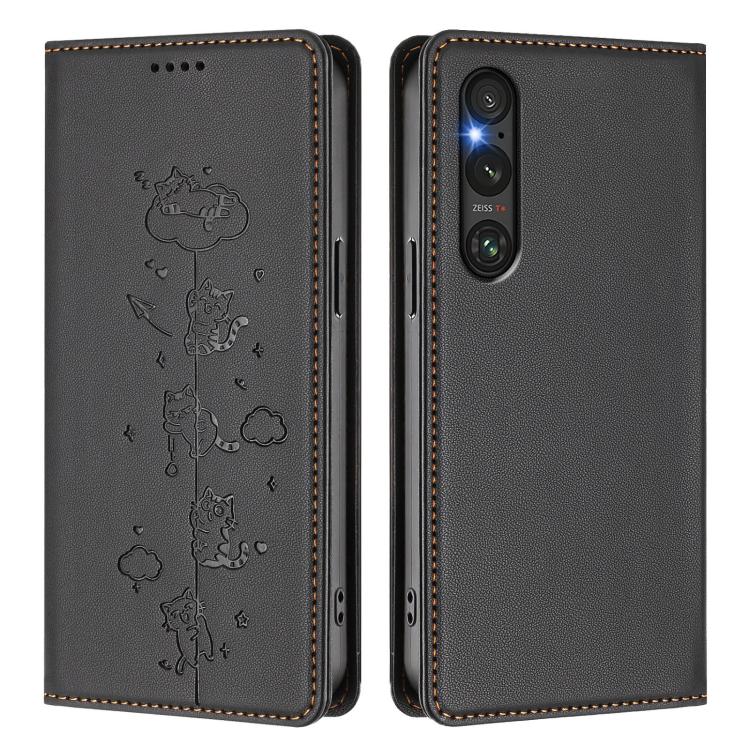 For Sony Xperia 1 V Cute Cats Embossed Magnetic RFID Vegan Leather Phone Case