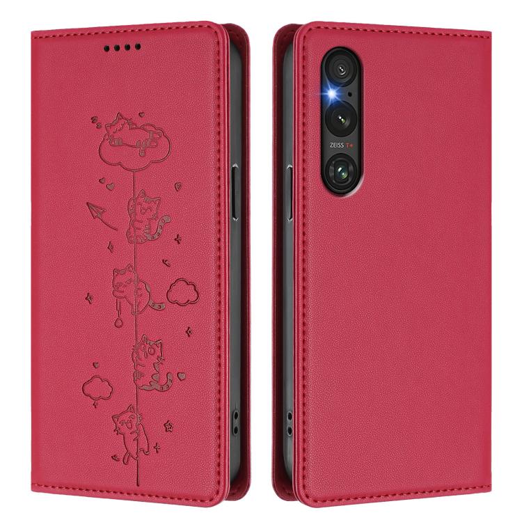 For Sony Xperia 1 V Cute Cats Embossed Magnetic RFID Vegan Leather Phone Case